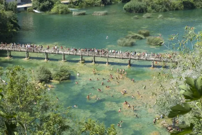 Framed Print : Bridge with many tourists above turquoise water in the Krka National Park Framed Print : Bridge with many tourists above turquoise water in the Krka National Park