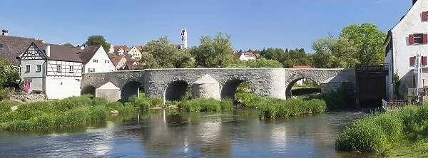 Bridge over Wornitz River, Harburg, Romantic Road, Bavarian Swabia, Bavaria, Germany, Europe