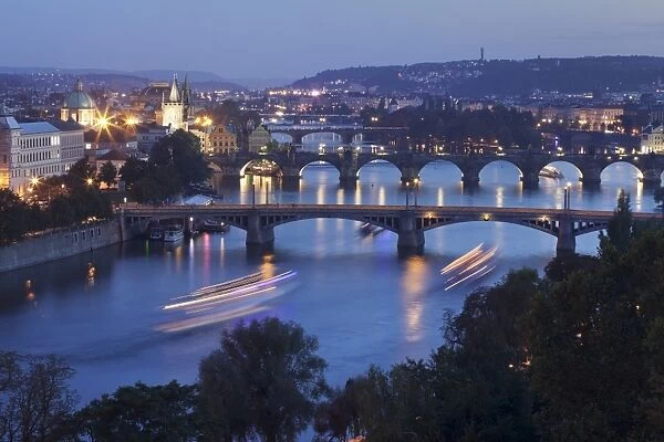 Bridges over the Vltava River including Charles Bridge and the Old Town Bridge Tower, UNESCO World Heritage Site, Prague, Czech Republic, Europe