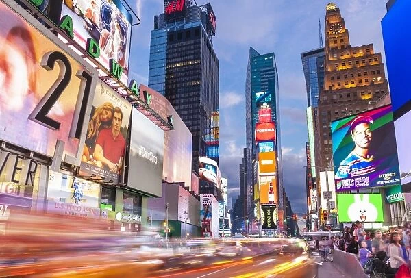 Bright billboards, busy traffic light trails, Times Square, Broadway, Theatre District