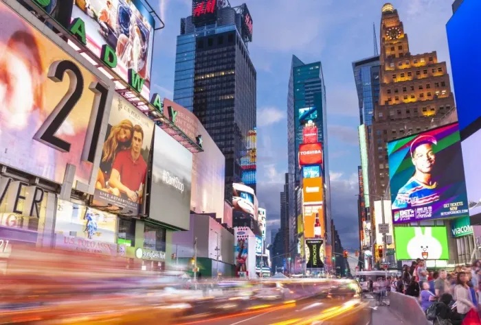 Framed Print : Bright billboards, busy traffic light trails, Times Square, Broadway, Theatre District Framed Print : Bright billboards, busy traffic light trails, Times Square, Broadway, Theatre District