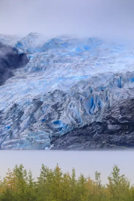 Framed Print : Bright blue ice of Mendenhall Glacier flowing from Juneau Ice Field, mist on Mendenhall Lake Framed Print : Bright blue ice of Mendenhall Glacier flowing from Juneau Ice Field, mist on Mendenhall Lake
