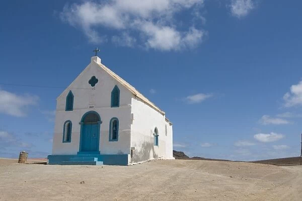 Bright church at sandy beach, Pedro Da Sal, Sal, Cape Verde, Africa
