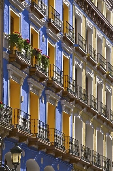 Bright coloured houses, Alfonso I Street, Saragossa (Zaragoza), Aragon, Spain, Europe