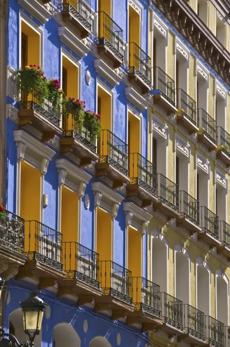 Framed Print : Bright coloured houses, Alfonso I Street, Saragossa (Zaragoza), Aragon, Spain, Europe Framed Print : Bright coloured houses, Alfonso I Street, Saragossa (Zaragoza), Aragon, Spain, Europe