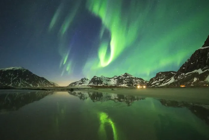 Framed Print : Bright night sky with Aurora Borealis (Northern Lights) over mountains and Skagsanden beach, Flakstad, Lofoten Islands, Norway, Scandinavia, Europe Framed Print : Bright night sky with Aurora Borealis (Northern Lights) over mountains and Skagsanden beach, Flakstad, Lofoten Islands, Norway, Scandinavia, Europe