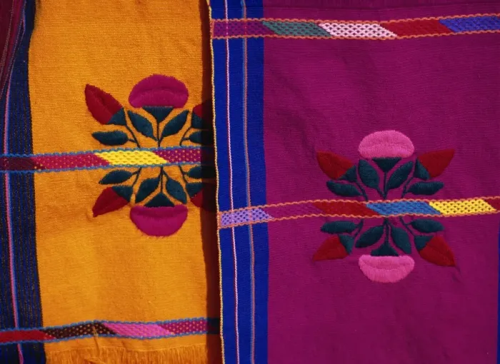 Framed Print : Brightly coloured craft rugs on display at San Cristobal de las Casas, in Chiapas