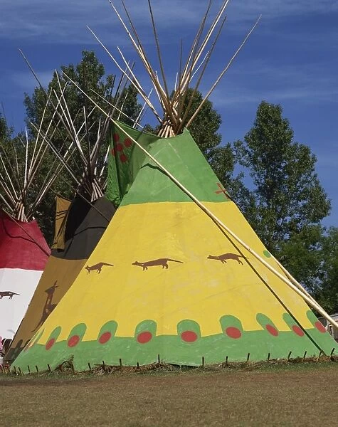 Brightly coloured decorated tepees of North American Indians in Canada, North America