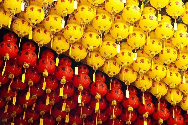 Brightly coloured yellow and red Chinese lanterns at Kek Lok Si Temple, Penang, Malaysia, Southeast Asia, Asia