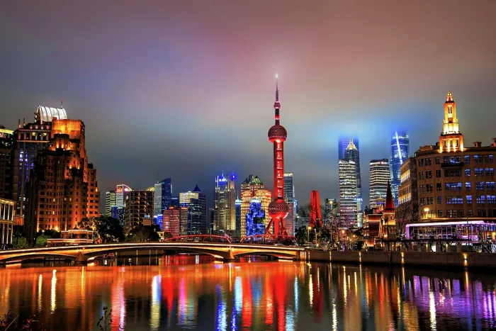 Framed Print : Brightly lit skyline of Lujiazui at night covered in mist viewed from Suzhou Creek in Shanghai, China Framed Print : Brightly lit skyline of Lujiazui at night covered in mist viewed from Suzhou Creek in Shanghai, China