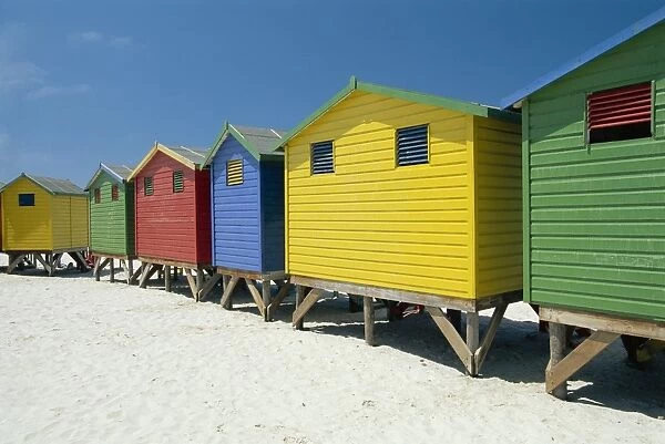 Brightly painted beach bathing huts at False Bay