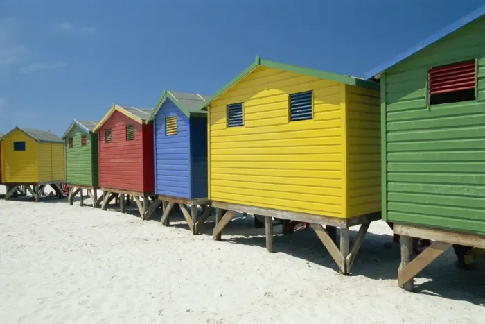 Framed Print : Brightly painted beach bathing huts at False Bay Framed Print : Brightly painted beach bathing huts at False Bay