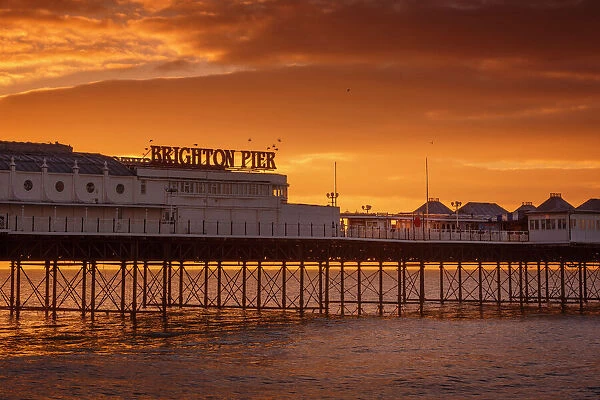Brighton Pier at sunrise, Brighton, East Sussex, Sussex, England, United Kingdom, Europe