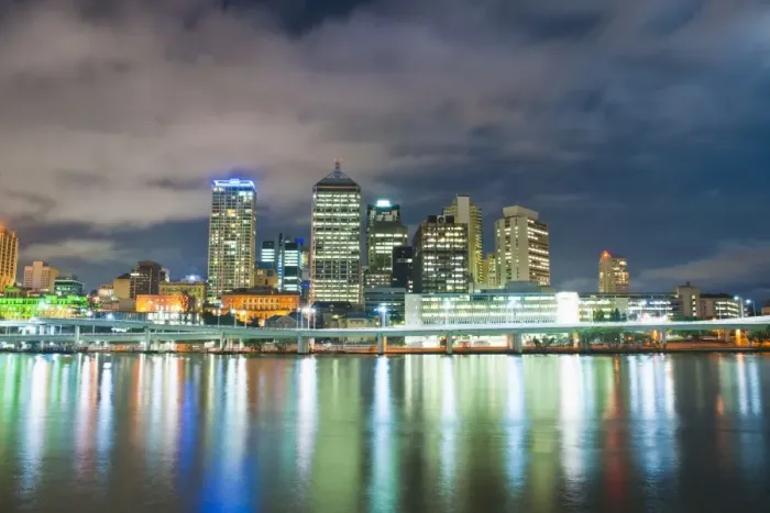 Framed Print : Brisbane skyline at night, taken from South Bank, Queensland, Australia, Australasia, Pacific Framed Print : Brisbane skyline at night, taken from South Bank, Queensland, Australia, Australasia, Pacific