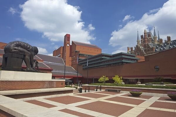British Library Courtyard with statue of Isaac Newton, with St. Pancras Railway Station behind, Euston Road, London, England, United Kingdom, Europe