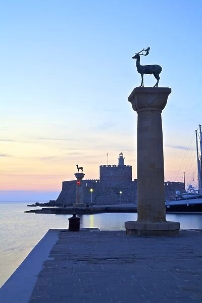 Bronze Doe and Stag statues at the entrance of Mandraki Harbour, Rhodes, Dodecanese
