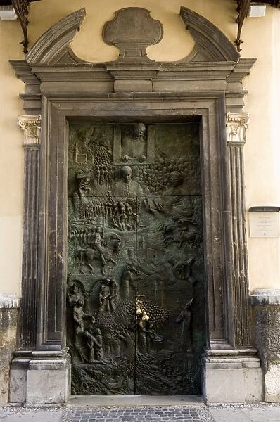 Bronze door of the Cathedral of Saint Nicholas, Ljubljana, Slovenia, Europe