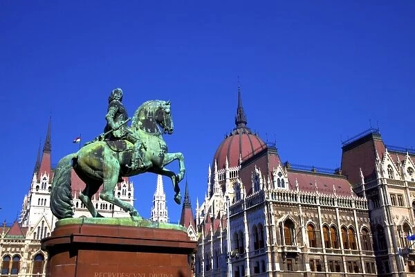 Bronze equestrian Monument of Ferenc II Rakoczi, Prince of Transylvania, in front of Hungarian Parliament Building, Budapest, Hungary, Europe