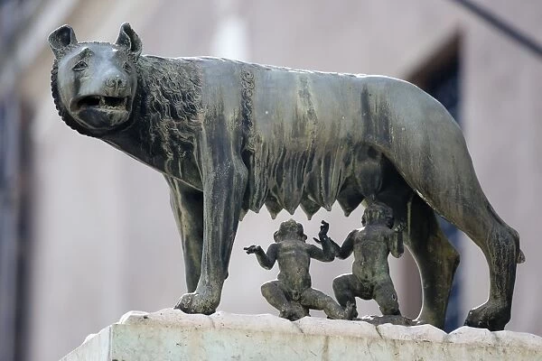 Bronze sculpture of the she-wolf with Romulus and Remus, Rome, Lazio, Italy, Europe