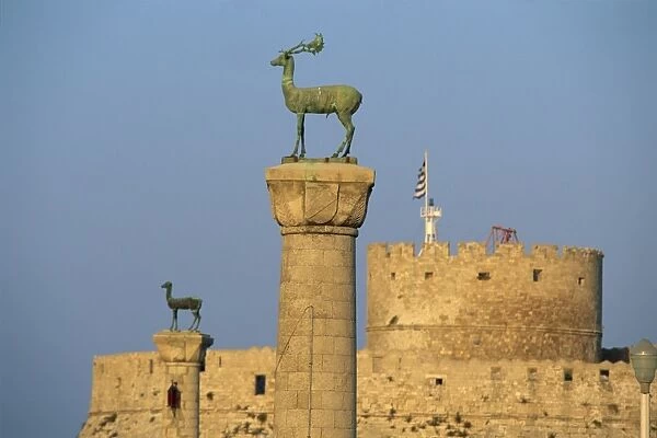 Bronze stag and doe statues, entrance to Mandraki Harbour, Rhodes Town