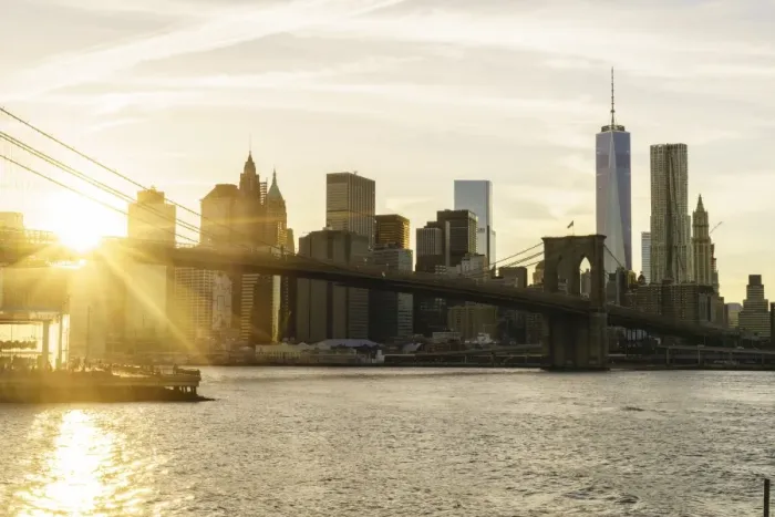 Framed Print : Brooklyn Bridge and Lower Manhattan skyline at sunset, New York City, New York, United States of America, North America Framed Print : Brooklyn Bridge and Lower Manhattan skyline at sunset, New York City, New York, United States of America, North America