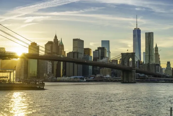 Framed Print : Brooklyn Bridge and Lower Manhattan skyline at sunset, New York City, New York, United States of America, North America Framed Print : Brooklyn Bridge and Lower Manhattan skyline at sunset, New York City, New York, United States of America, North America
