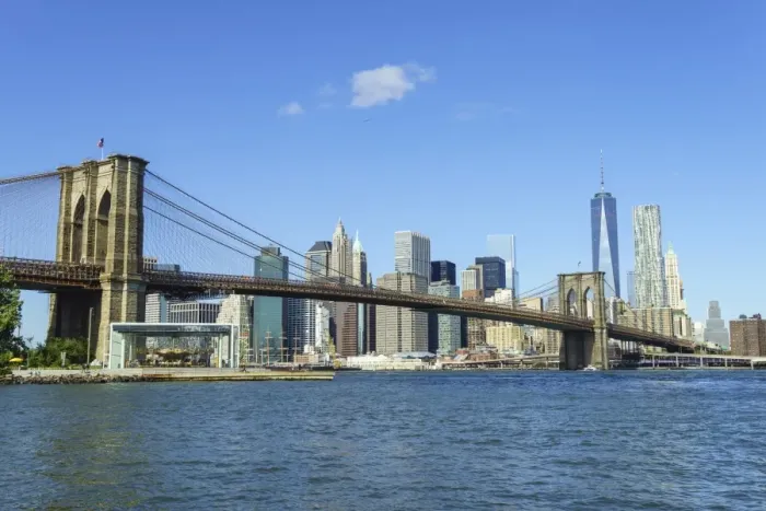 Framed Print : Brooklyn Bridge and Lower Manhattan skyscrapers including One World Trade Center, New York City, New York, United States of America, North America
