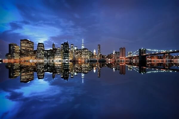 Brooklyn Bridge and Manhattan skyline at dusk, New York City, New York, United States of America
