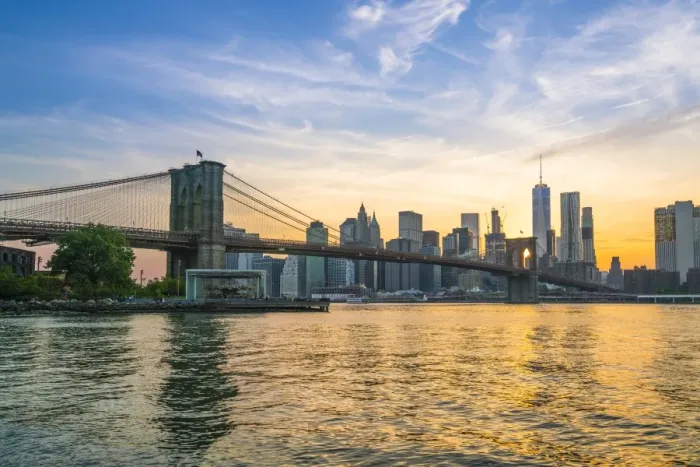 Framed Print : Brooklyn Bridge and Manhattan skyline at dusk, viewed from the East River, New York City Framed Print : Brooklyn Bridge and Manhattan skyline at dusk, viewed from the East River, New York City