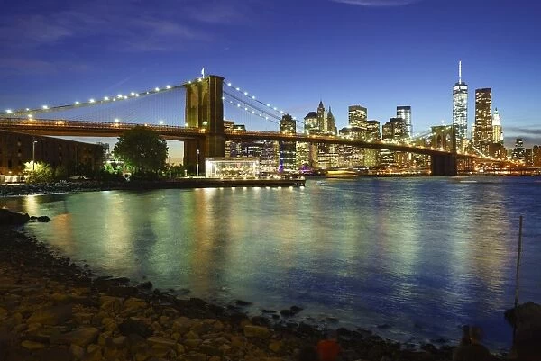 Brooklyn Bridge and Manhattan skyline at dusk from Brooklyn Bridge Park, New York City, New York, United States of America, North America