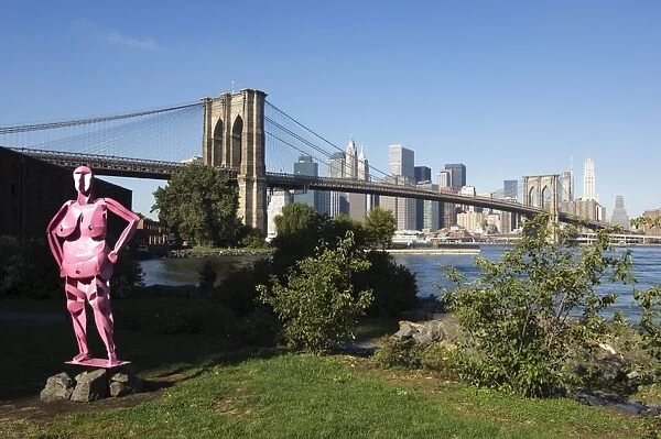 Brooklyn Bridge and Manhattan skyline with modern artwork
