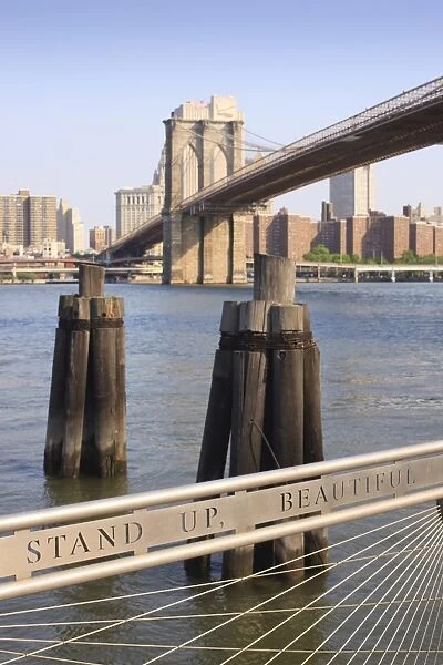 Brooklyn Bridge spanning the East River from Fulton Ferry Landing, Brooklyn
