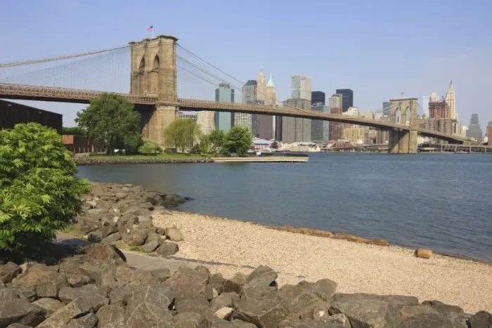 Framed Print : Brooklyn Bridge spanning the East River and Lower Manhattan skyline, from Empire-Fulton Ferry State Park, Brooklyn, New York City, New York, United States of America Framed Print : Brooklyn Bridge spanning the East River and Lower Manhattan skyline, from Empire-Fulton Ferry State Park, Brooklyn, New York City, New York, United States of America