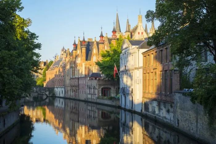 Framed Print : Brugse Vrije and buildings along the Groenerei canal at dawn, Bruges (Brugge), West Flanders Framed Print : Brugse Vrije and buildings along the Groenerei canal at dawn, Bruges (Brugge), West Flanders
