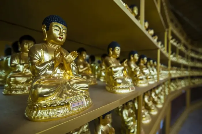 Framed Print : Buddha collection under the Golden Maitreya Statue, Beopjusa Temple Complex, South Korea, Asia