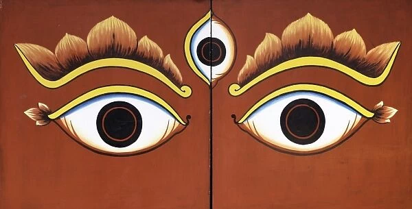 Buddha eyes painted on a door in Kathmandu, Nepal, Asia