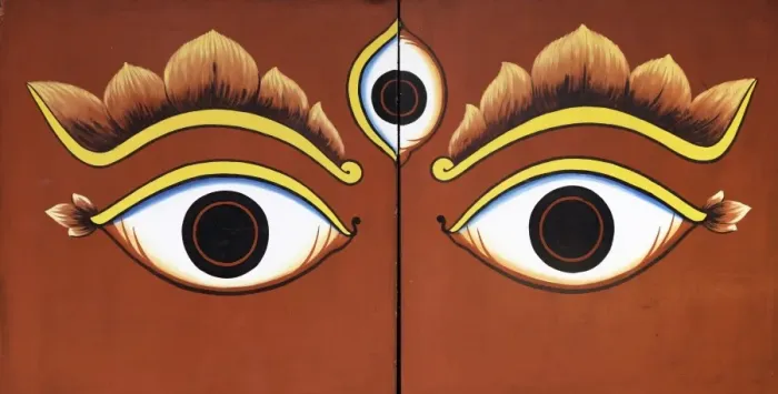 Framed Print : Buddha eyes painted on a door in Kathmandu, Nepal, Asia Framed Print : Buddha eyes painted on a door in Kathmandu, Nepal, Asia