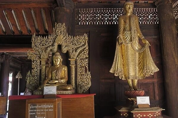 Buddha images, Youqson Kyaung (Yoke-son), the oldest surviving wooden monastery in the Bagan area now a museum, containing religious objects from the Konbaung era, Salay (Sale), Myanmar