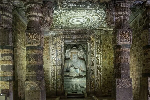 Buddha statue in the Ajanta Caves, UNESCO World Heritage Site, Maharashtra, India, Asia