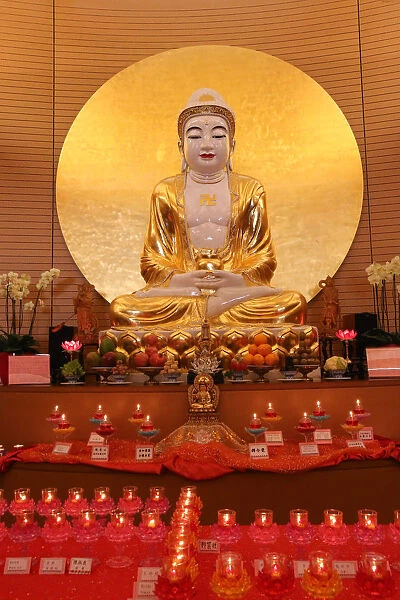 Buddha statue on main altar in Buddha Hall, Fo Guang Shan Temple, Geneva, Switzerland