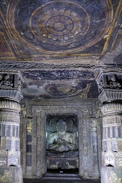 Buddha statue and painting in the Ajanta Caves, UNESCO World Heritage Site, Maharashtra