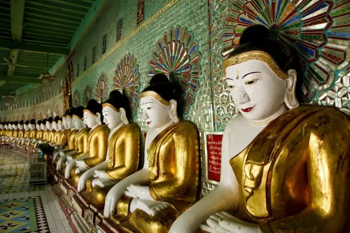 Framed Print : Buddha statues in a crescent shaped colonnade in Umin Thounzeh, which translates as 30 caves Framed Print : Buddha statues in a crescent shaped colonnade in Umin Thounzeh, which translates as 30 caves