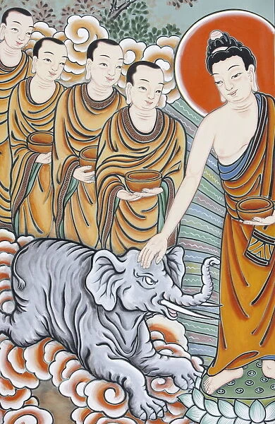 The Buddha taming an elephant, depicted in the Life of Buddha, Seoul, South Korea, Asia