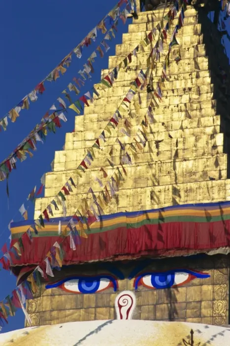 Framed Print : Buddhas eyes on gold leaf spire of one of the world s Framed Print : Buddhas eyes on gold leaf spire of one of the world s