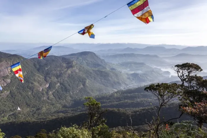 Framed Print : Buddhist flags framing the view down into the Dalhousie and the Hill Country beyond at sunrise from Adams Peak (Sri Pada), Sri Lanka, Asia Framed Print : Buddhist flags framing the view down into the Dalhousie and the Hill Country beyond at sunrise from Adams Peak (Sri Pada), Sri Lanka, Asia