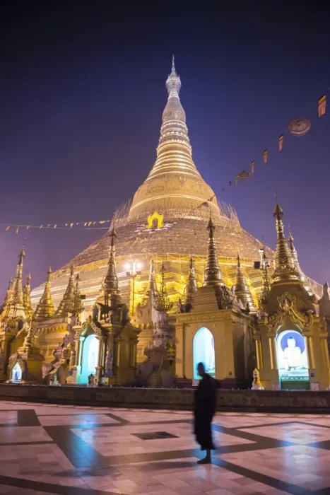 Framed Print : Buddhist monk at Shwedagon Pagoda (Shwedagon Zedi Daw) (Golden Pagoda) at night, Yangon (Rangoon) Framed Print : Buddhist monk at Shwedagon Pagoda (Shwedagon Zedi Daw) (Golden Pagoda) at night, Yangon (Rangoon)
