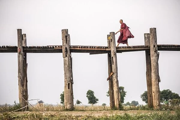Buddhist Monk on U Bein Teak Bridge, a 1. 2km wooden bridge, Mandalay, Mandalay Region