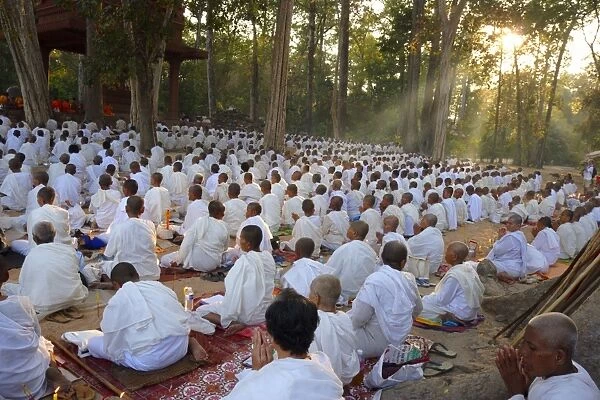 Buddhist monks and nuns gather for a ceremony for peace, Bayon temple, Angkor