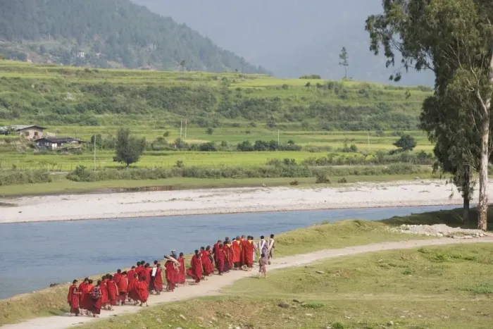 Framed Print : Buddhist monks from Punakha Dzong, going to river for meditation, Punakha, Bhutan, Asia Framed Print : Buddhist monks from Punakha Dzong, going to river for meditation, Punakha, Bhutan, Asia