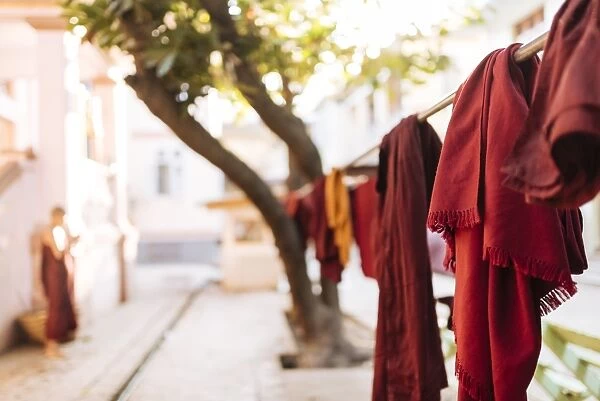 Buddhist monks robes hanging to dry, Amarapura, Mandalay, Mandalay Region, Myanmar (Burma)